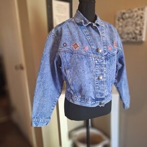 Vintage Embroidered Southwestern Cropped Denim Jacket Sz Medium